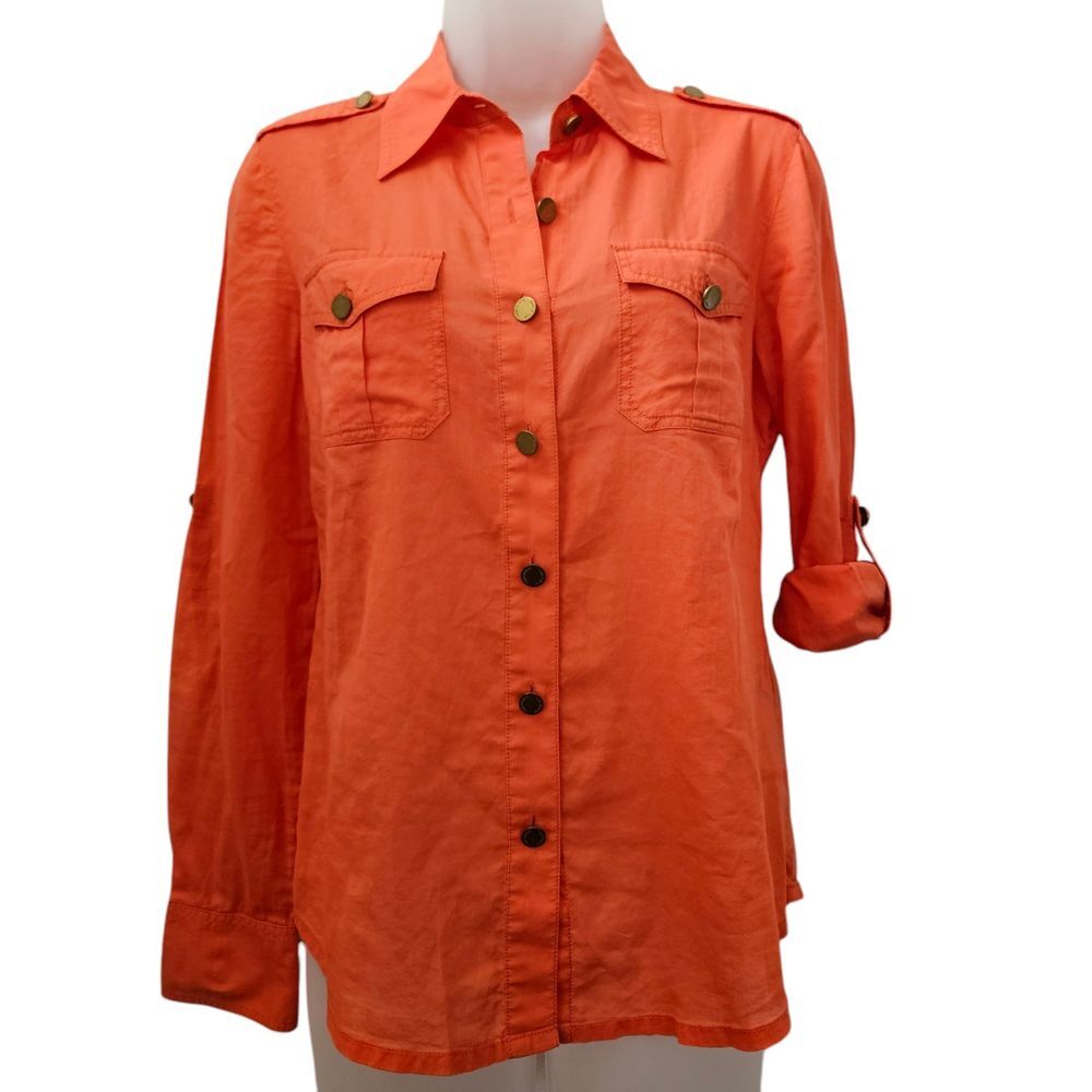 Tory Burch Top Womens 4 Gold Buttons Up Tangerine Red Orange Cotton Preppy Shirt